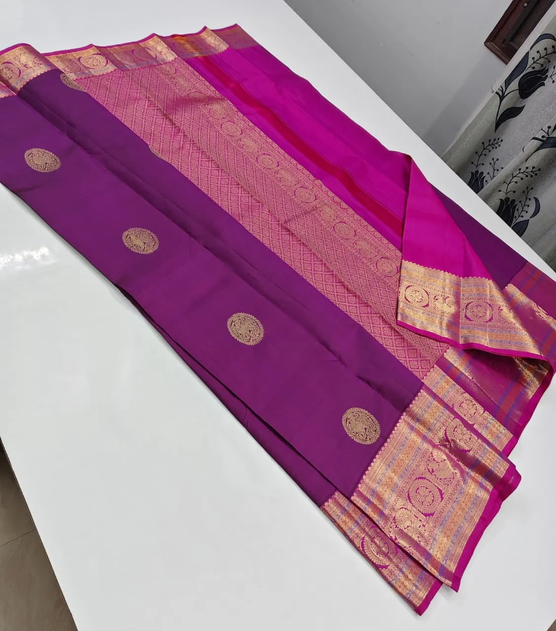 Pure Kanchipuram Pattu Silk Saree in Purple & Sky Blue